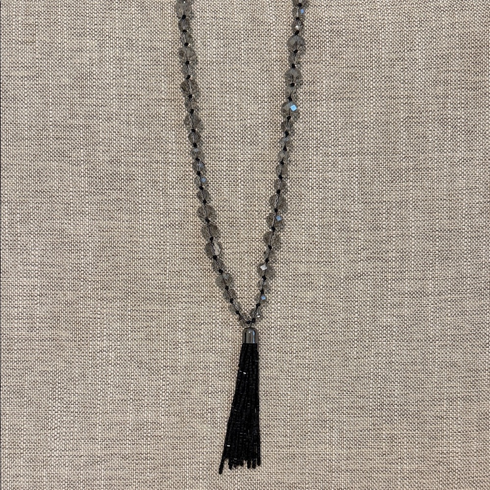 Chico's Silver Faceted Bead Necklace with Black Tassel